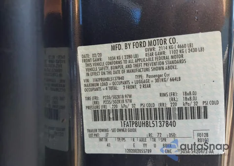 2020 Ford Mustang Ecoboost Premium из США, поврежденный, VIN 1FATP8UH8L5137840